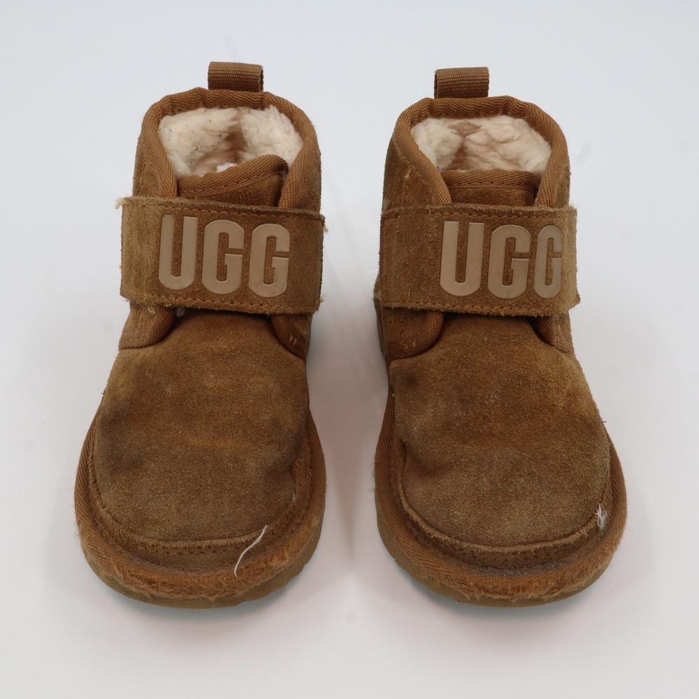 UGG Neumel Logo Strap Toddler 9 Chestnut Brown Suede Shearling Ankle Boots